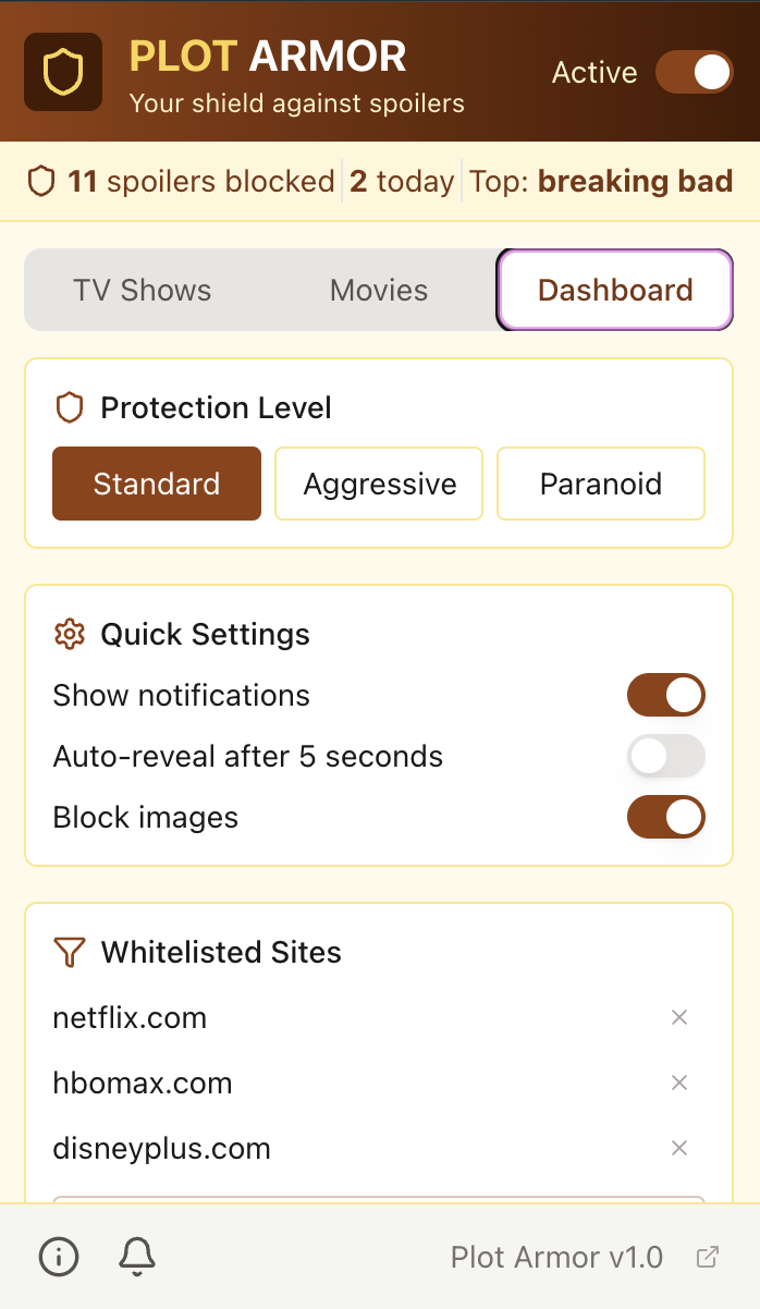 Screenshot from the Plot Armor Chrome extension dashboard and related UI work